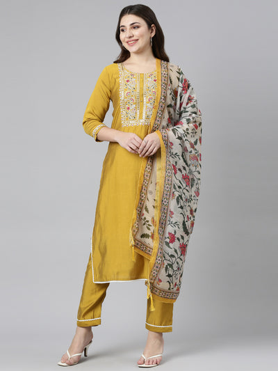 Neeru's Yellow Regular Straight Solid Kurta And Trousers With Dupatta