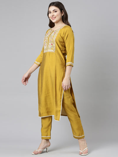 Neeru's Yellow Regular Straight Solid Kurta And Trousers With Dupatta