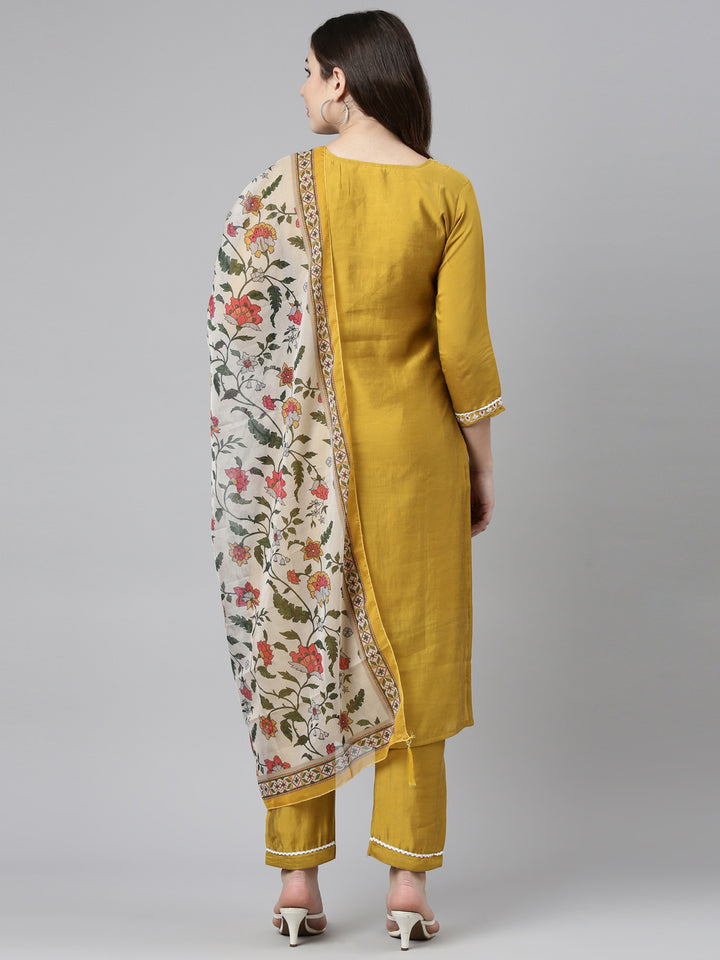 Neerus Yellow Regular Straight Solid Kurta And Trousers With Dupatta