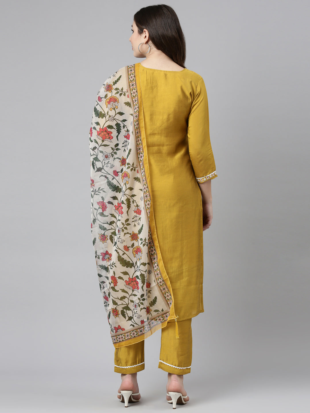 Neeru's Yellow Regular Straight Solid Kurta And Trousers With Dupatta