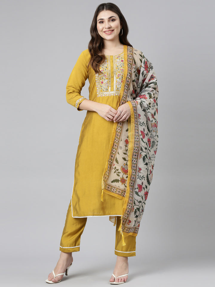 Neerus Yellow Regular Straight Solid Kurta And Trousers With Dupatta