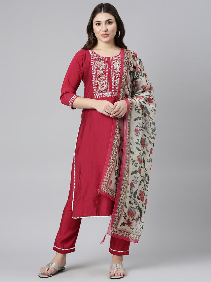 Neerus Pink Regular Straight Solid Kurta And Trousers With Dupatta