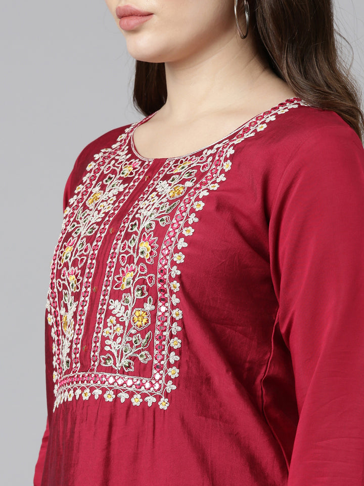Neerus Pink Regular Straight Solid Kurta And Trousers With Dupatta