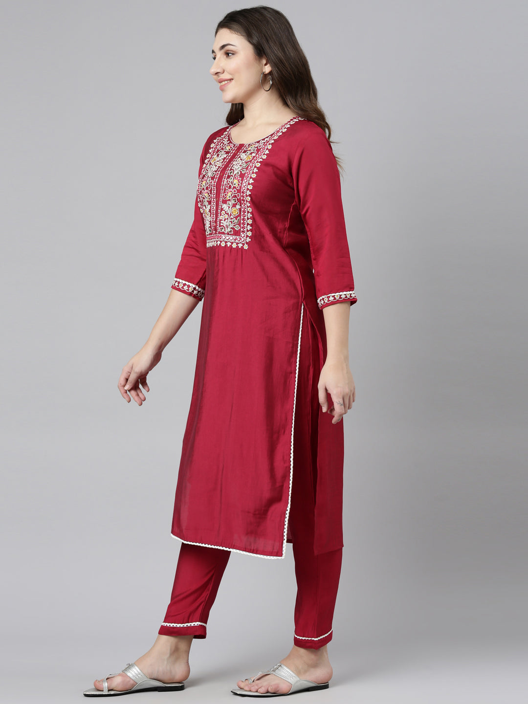 Neeru's Pink Regular Straight Solid Kurta And Trousers With Dupatta