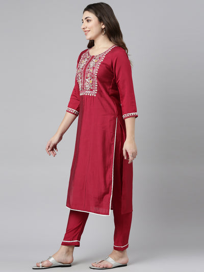 Neeru's Pink Regular Straight Solid Kurta And Trousers With Dupatta