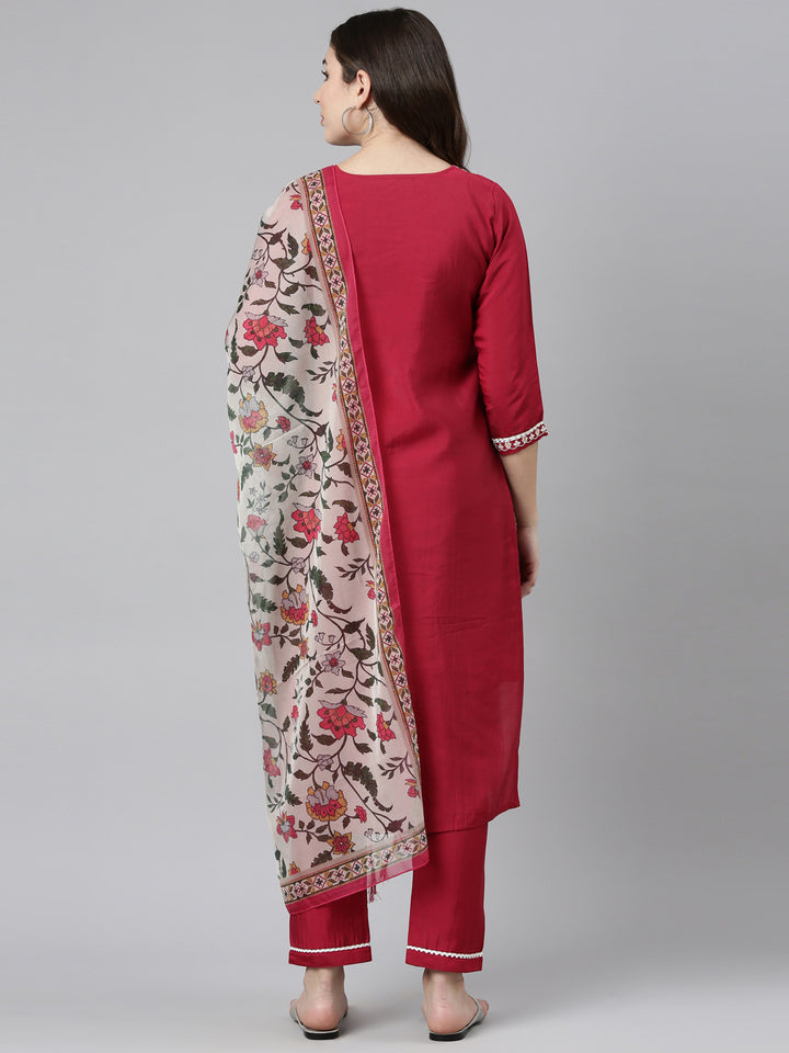 Neerus Pink Regular Straight Solid Kurta And Trousers With Dupatta