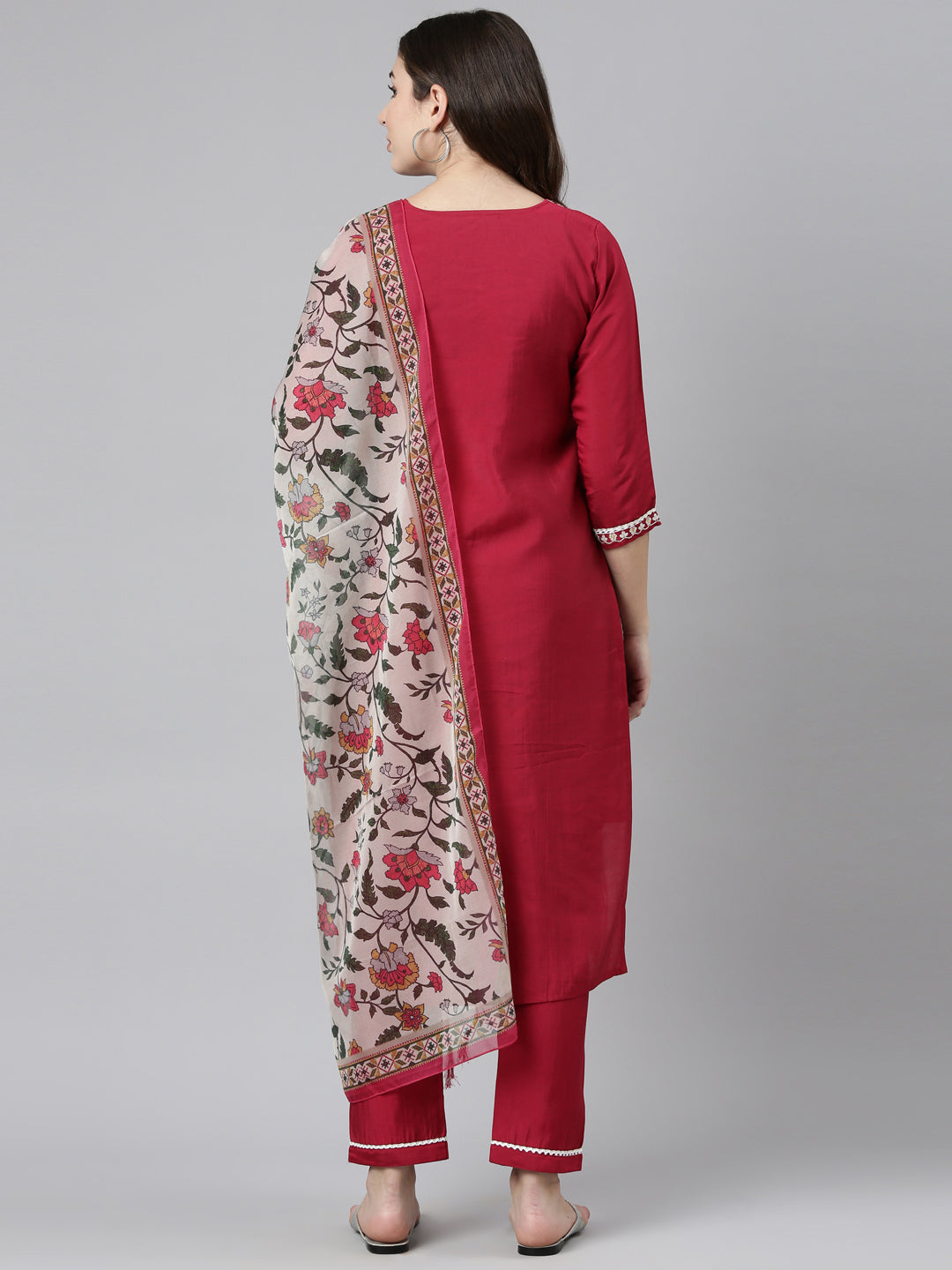 Neeru's Pink Regular Straight Solid Kurta And Trousers With Dupatta