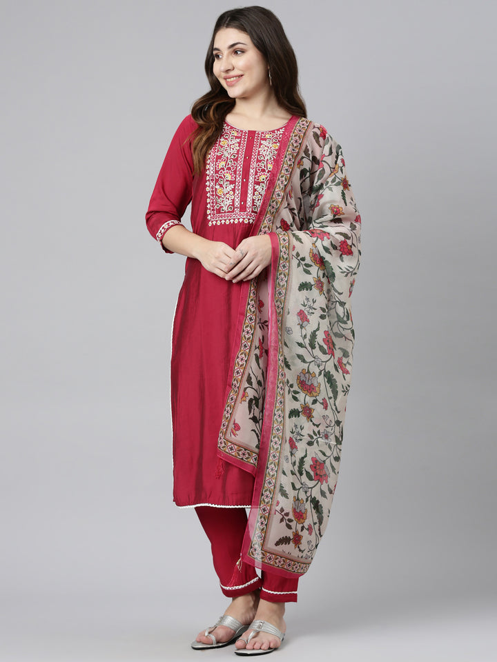 Neerus Pink Regular Straight Solid Kurta And Trousers With Dupatta