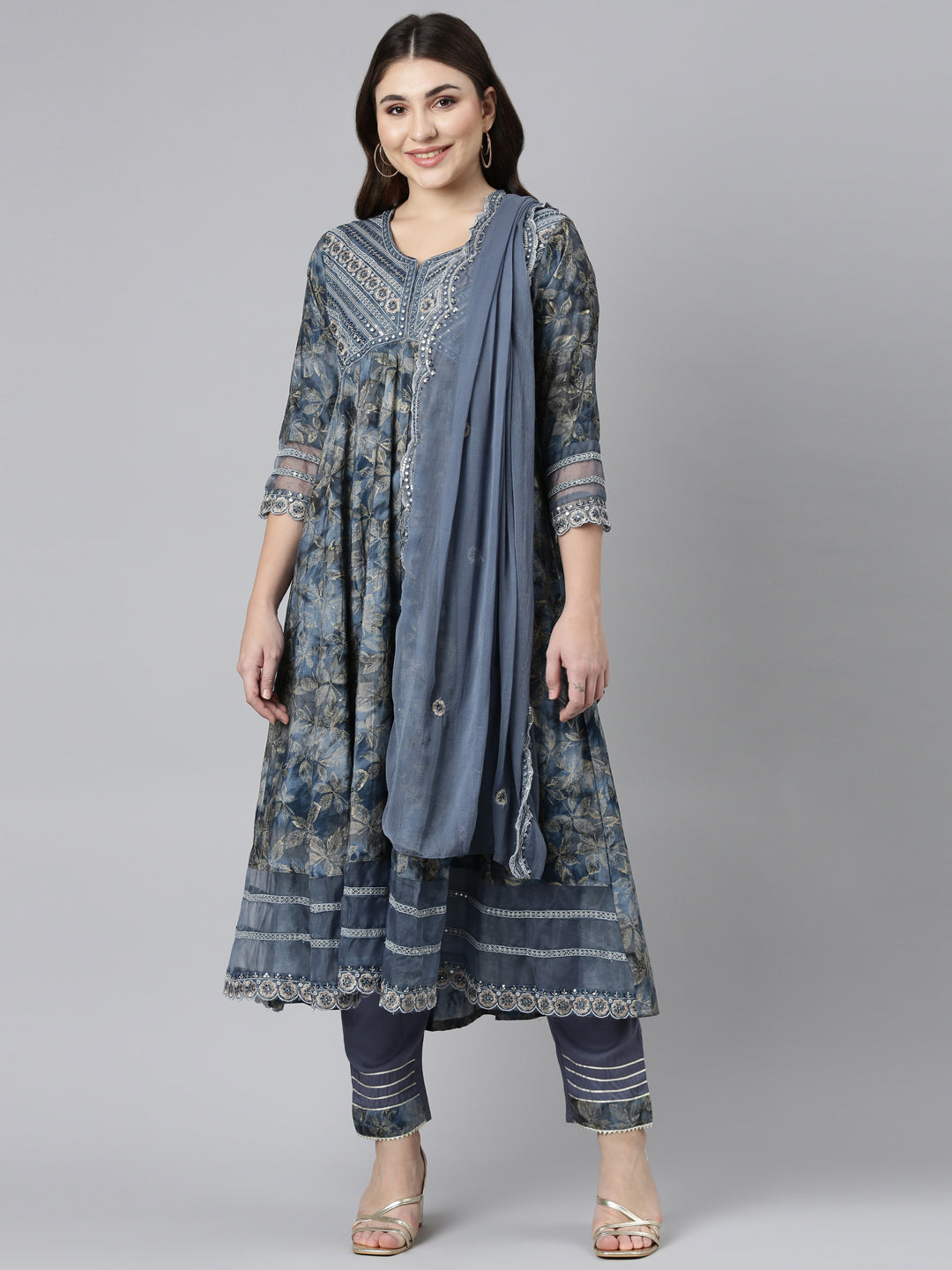 Neerus Blue printed straight kurta set with dupatta - front view