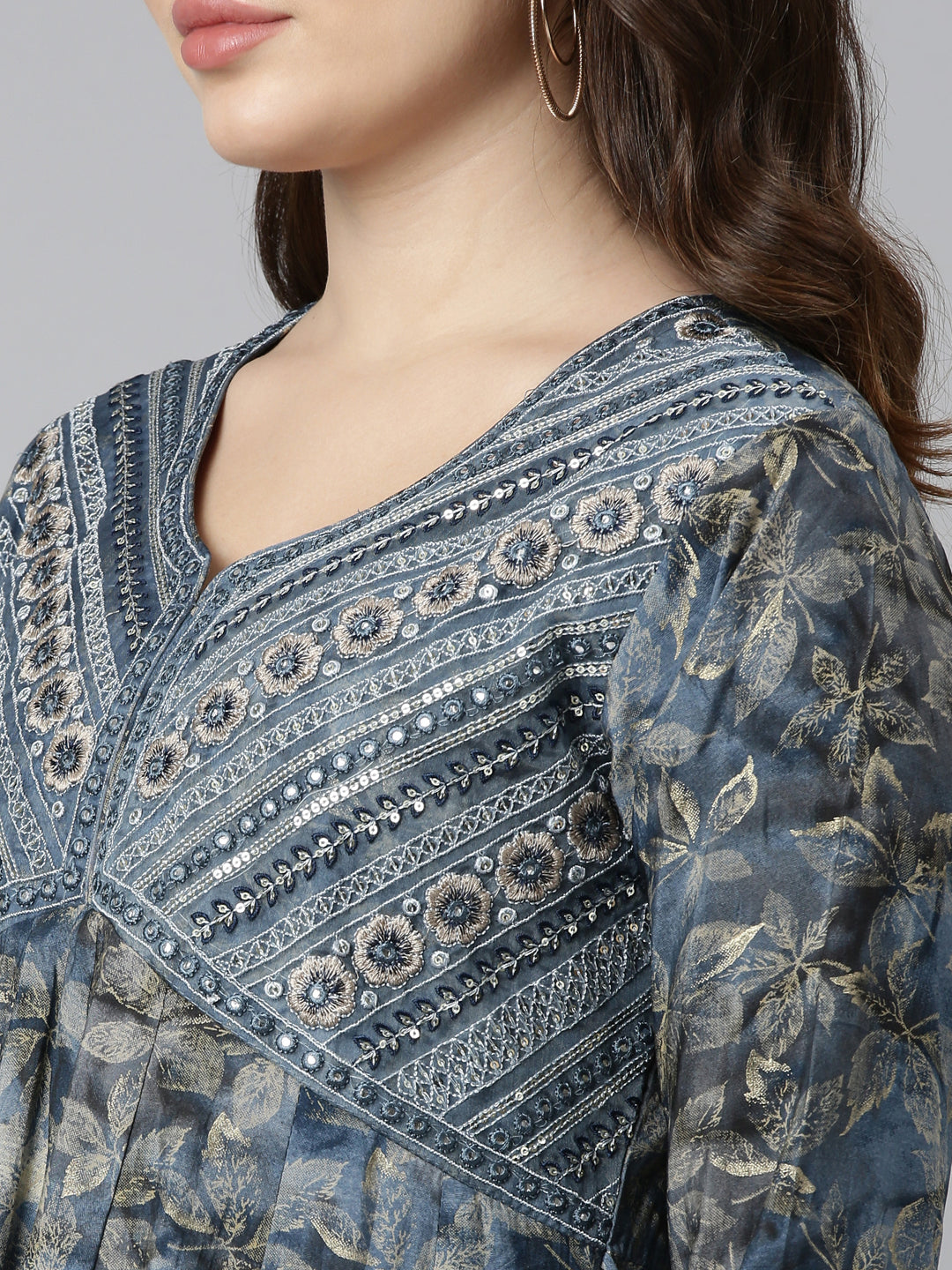 Neerus Blue printed straight kurta set with dupatta - detail view 1