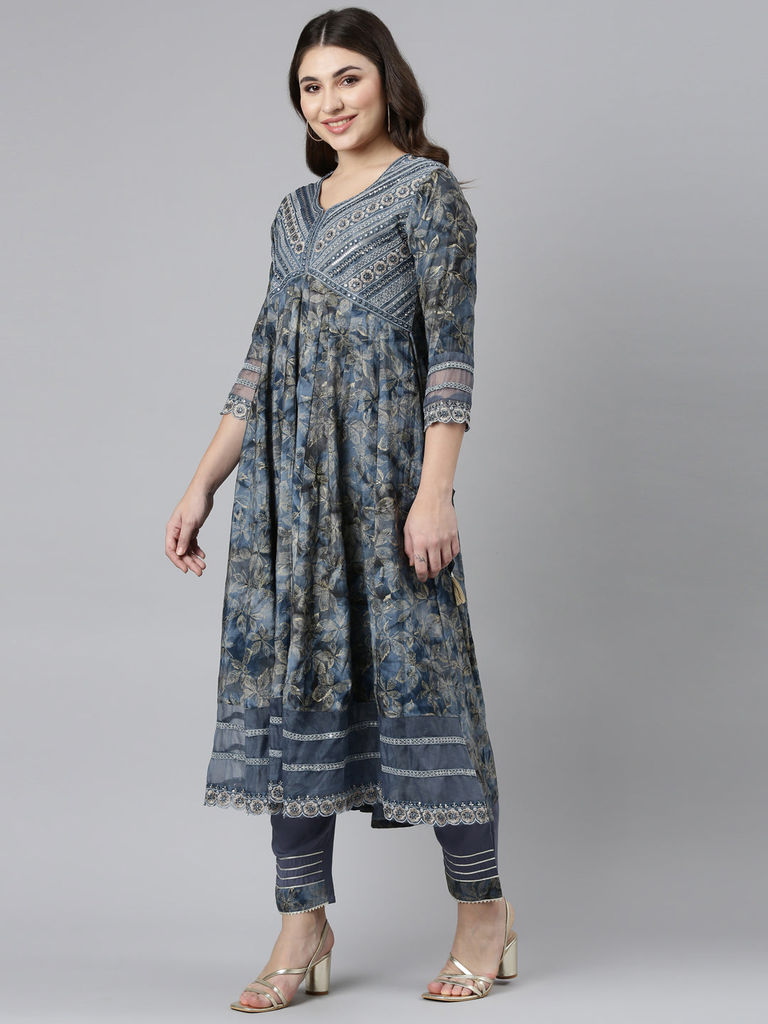 Neerus Blue printed straight kurta set with dupatta - back view