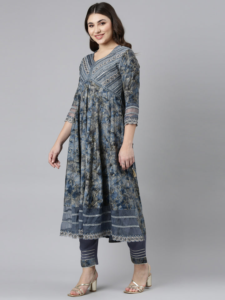 Neerus Blue printed straight kurta set with dupatta - back view