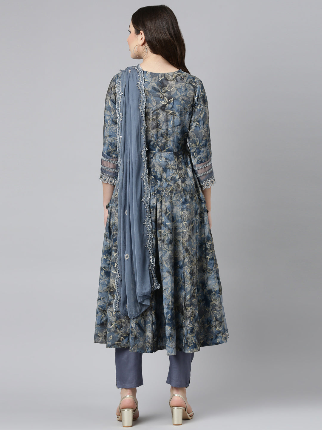 Neerus Blue printed straight kurta set with dupatta - side view