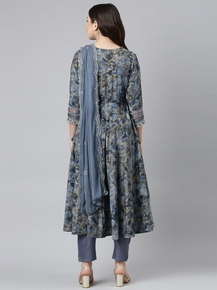 Neerus Blue printed straight kurta set with dupatta - side view