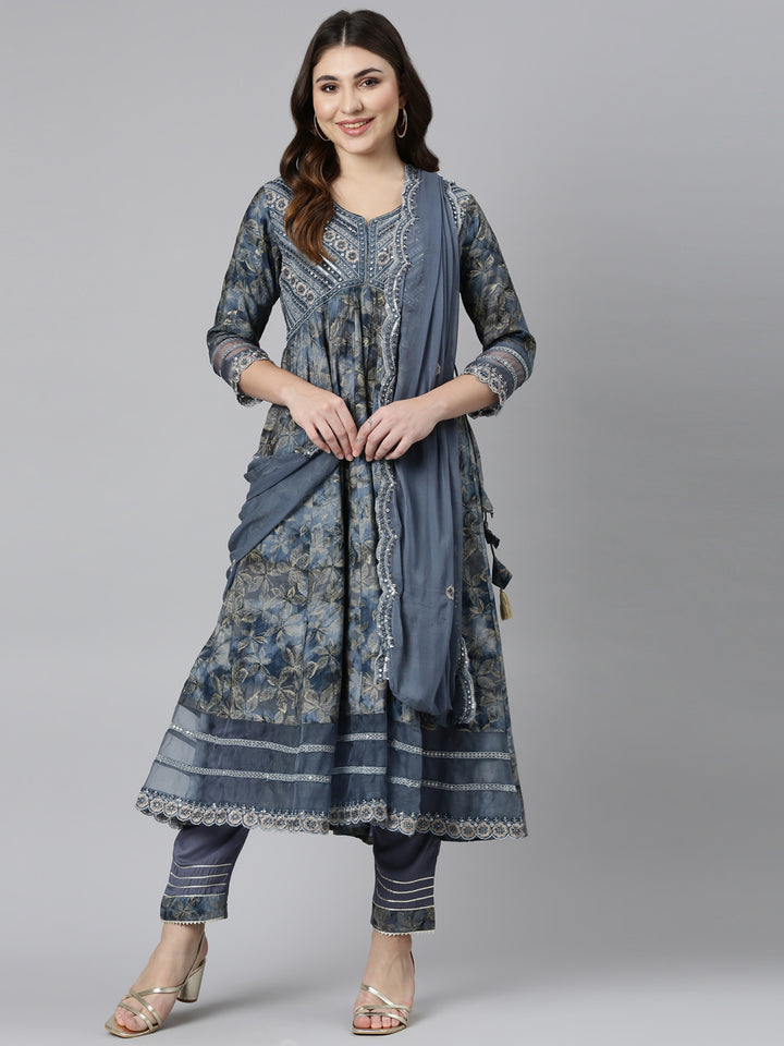 Neerus Blue printed straight kurta set with dupatta - detail view 2