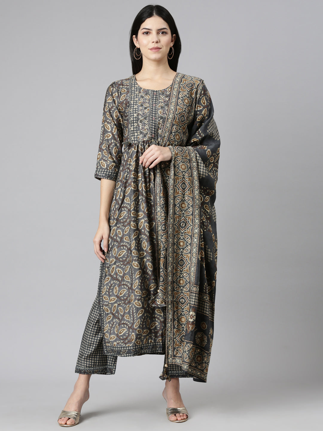 Neerus Grey printed straight kurta set with dupatta - front view