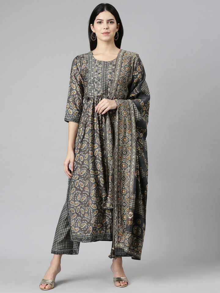 Neerus Grey printed straight kurta set with dupatta - front view