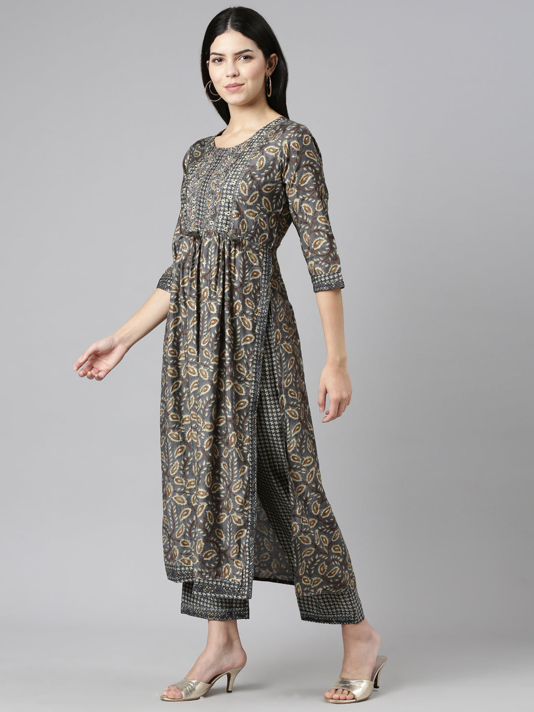 Neerus Grey printed straight kurta set with dupatta - back view