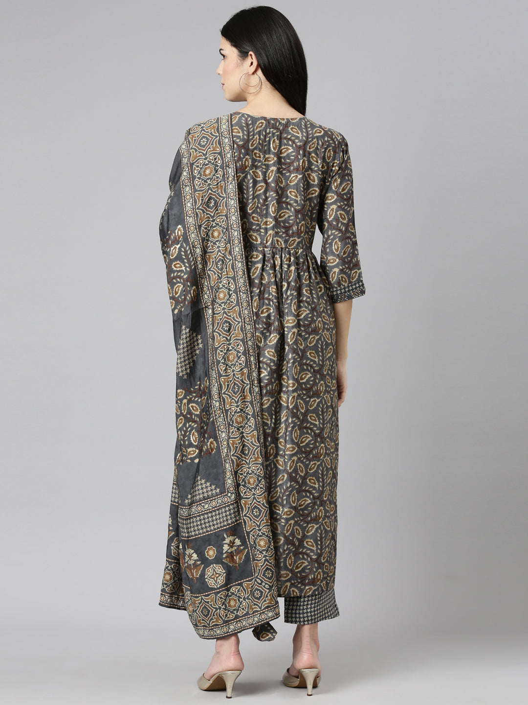 Neerus Grey printed straight kurta set with dupatta - side view