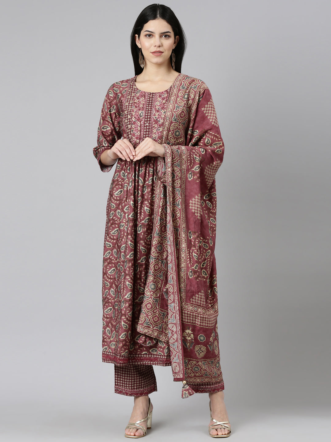Neerus Pink printed straight kurta set with dupatta - front view