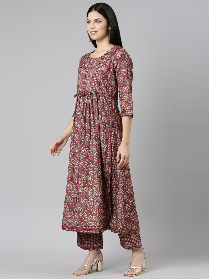 Neerus Pink printed straight kurta set with dupatta - back view