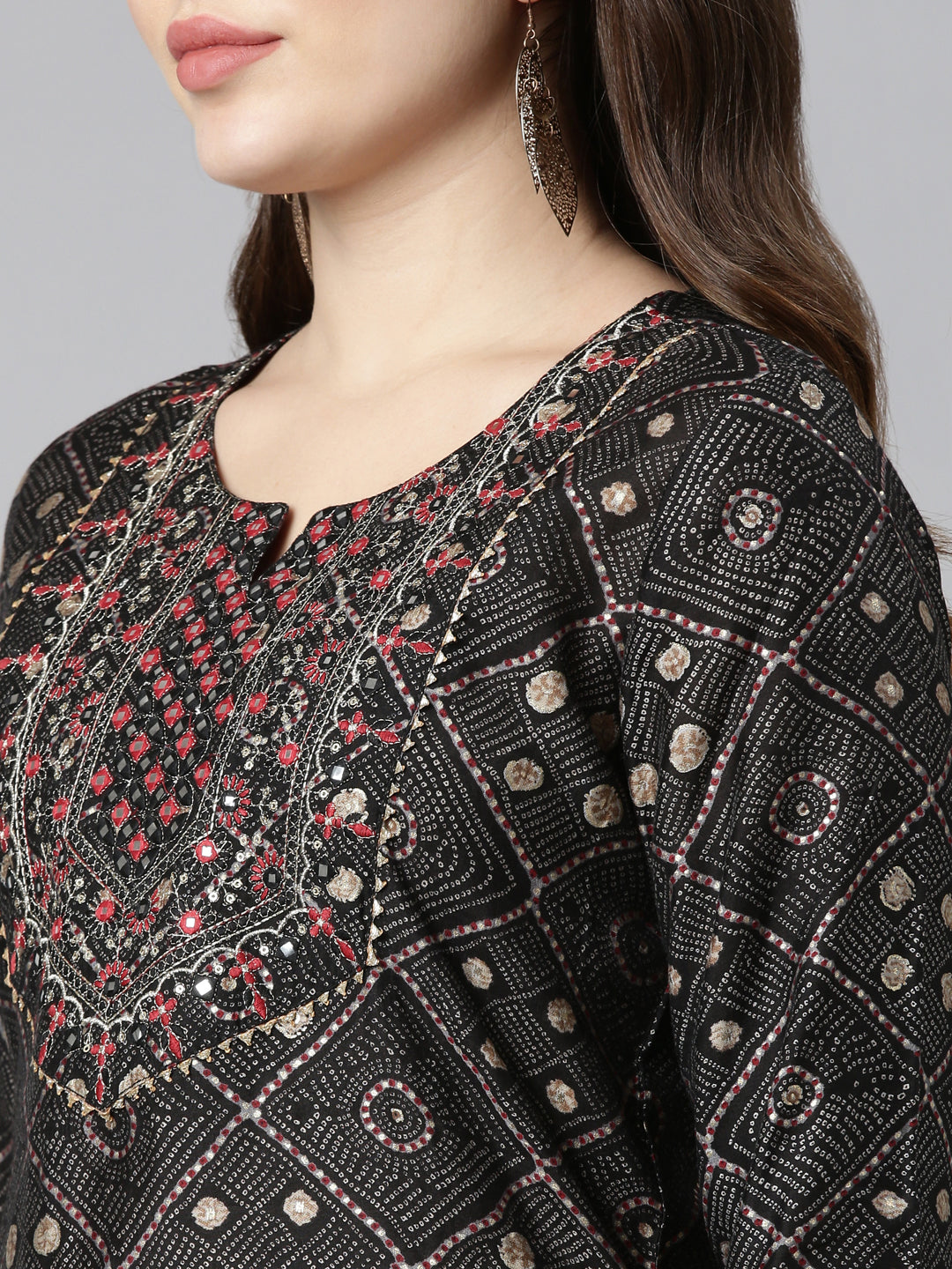 Neerus Black Regular Straight Printed Kurta And Trousers With Dupatta