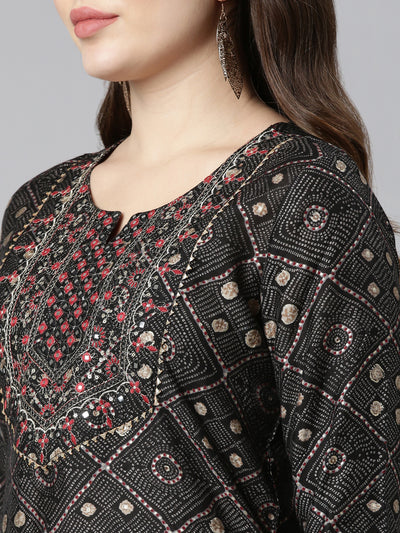 Neerus Black Regular Straight Printed Kurta And Trousers With Dupatta