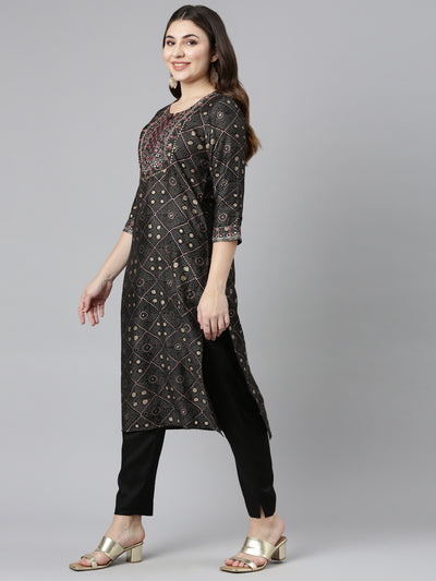 Neerus Black Regular Straight Printed Kurta And Trousers With Dupatta