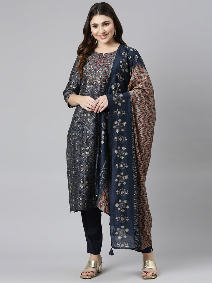 Neerus Navy Blue Regular Straight Printed Kurta And Trousers With Dupatta