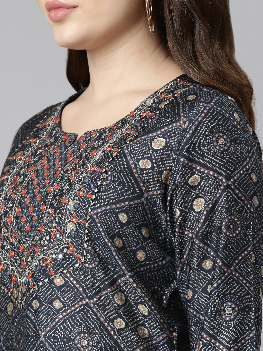 Neerus Navy Blue Regular Straight Printed Kurta And Trousers With Dupatta