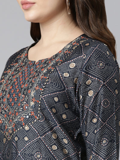 Neerus Navy Blue Regular Straight Printed Kurta And Trousers With Dupatta