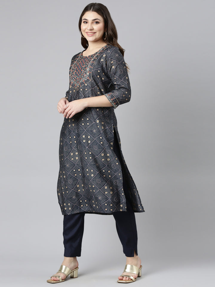 Neerus Navy Blue Regular Straight Printed Kurta And Trousers With Dupatta
