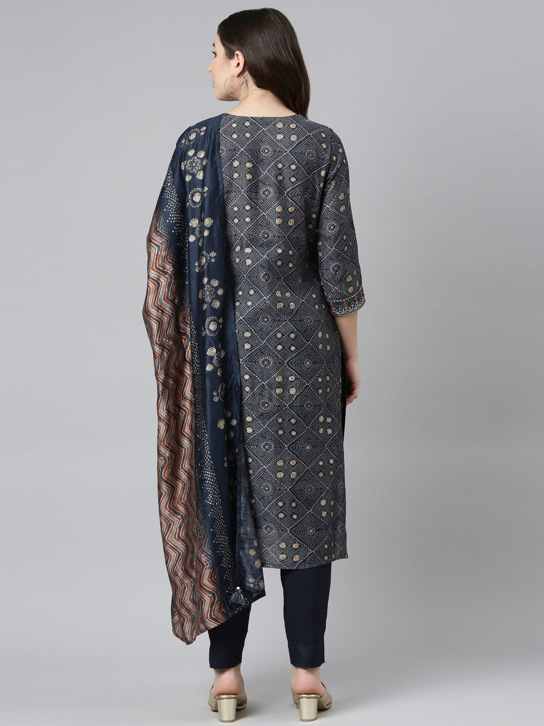 Neerus Navy Blue Regular Straight Printed Kurta And Trousers With Dupatta