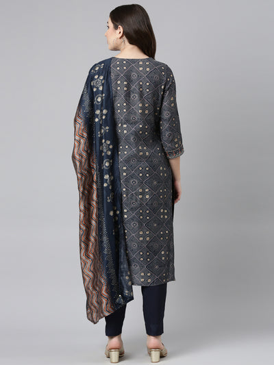 Neerus Navy Blue Regular Straight Printed Kurta And Trousers With Dupatta