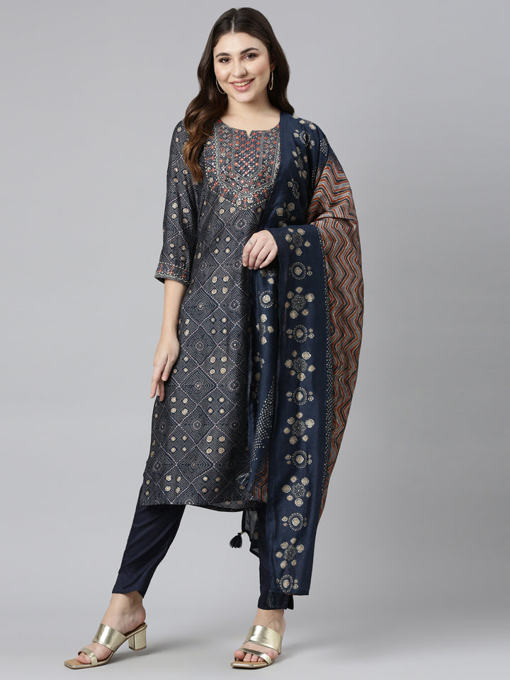 Neerus Navy Blue Regular Straight Printed Kurta And Trousers With Dupatta