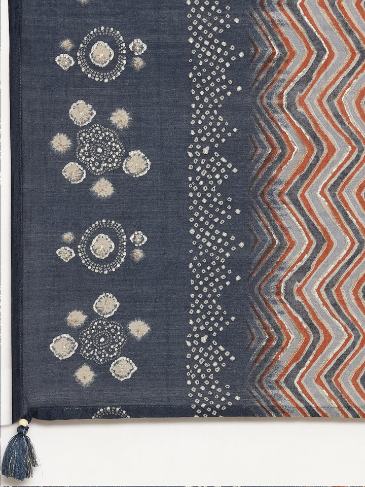 Neerus Navy Blue Regular Straight Printed Kurta And Trousers With Dupatta