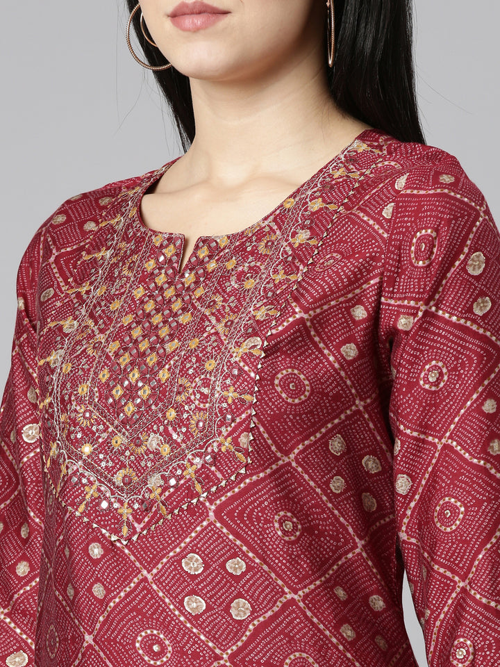 Neerus Purple Regular Straight Printed Kurta And Trousers With Dupatta