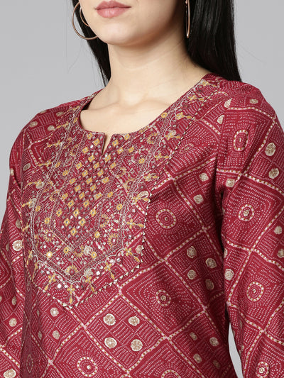 Neeru's Purple Regular Straight Printed Kurta And Trousers With Dupatta