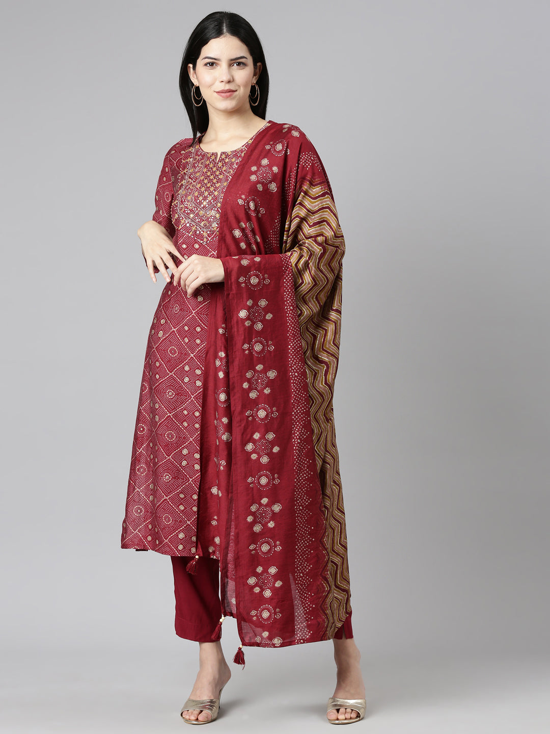 Neeru's Purple Regular Straight Printed Kurta And Trousers With Dupatta