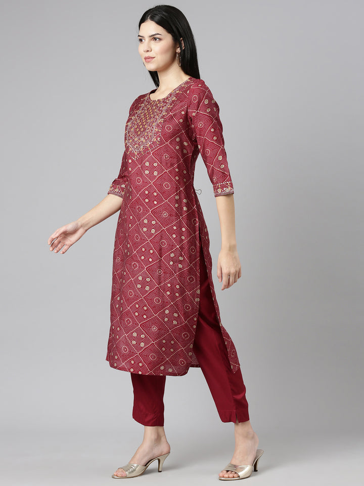 Neerus Purple Regular Straight Printed Kurta And Trousers With Dupatta