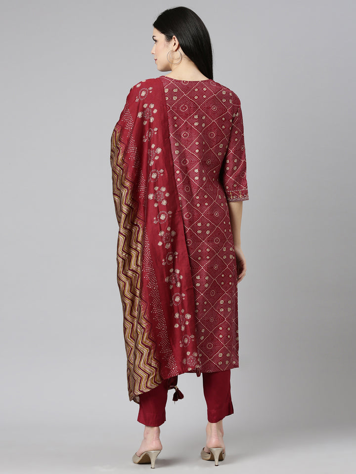 Neerus Purple Regular Straight Printed Kurta And Trousers With Dupatta