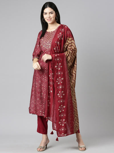 Neeru's Purple Regular Straight Printed Kurta And Trousers With Dupatta