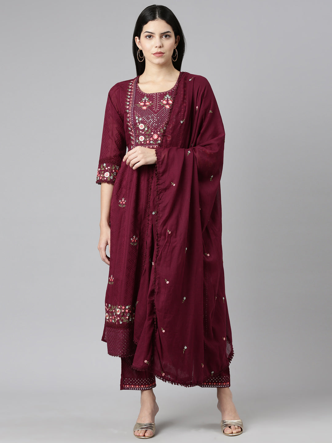Neerus Purple printed straight kurta set with dupatta - front view