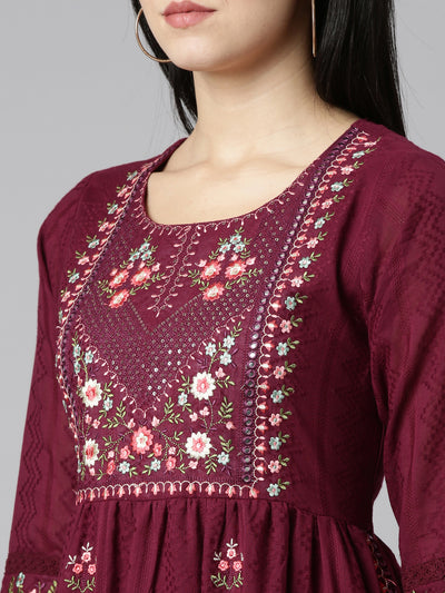 Neerus Purple Pleated Straight Printed Kurta And Trousers With Dupatta