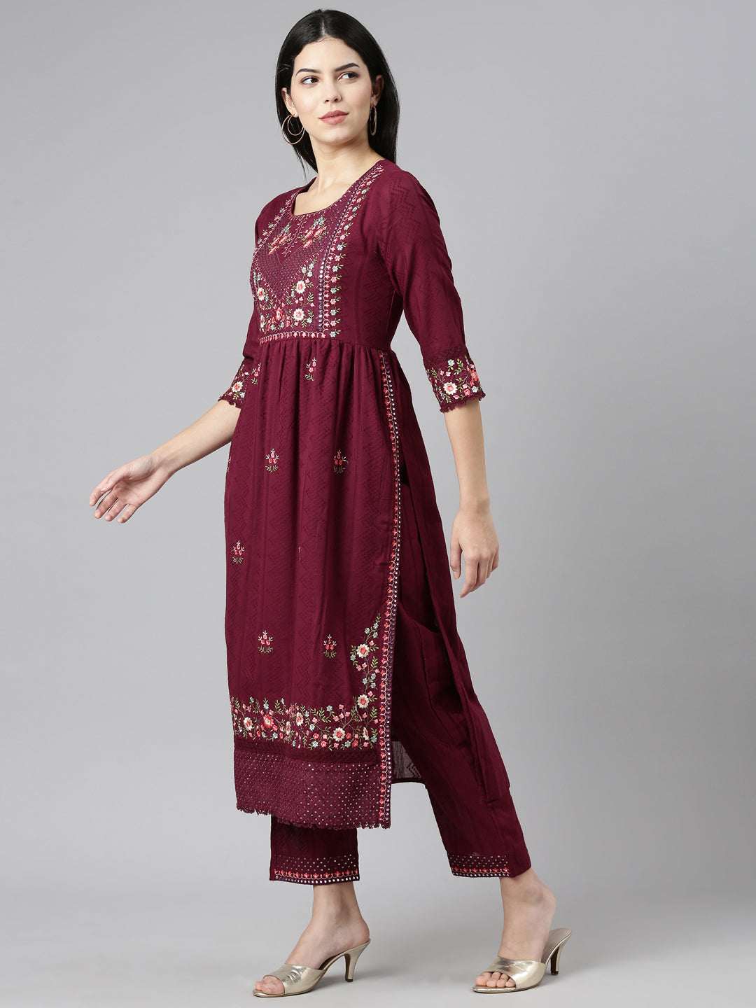 Neerus Purple Pleated Straight Printed Kurta And Trousers With Dupatta