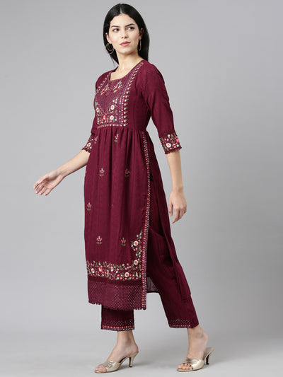 Neerus Purple Pleated Straight Printed Kurta And Trousers With Dupatta