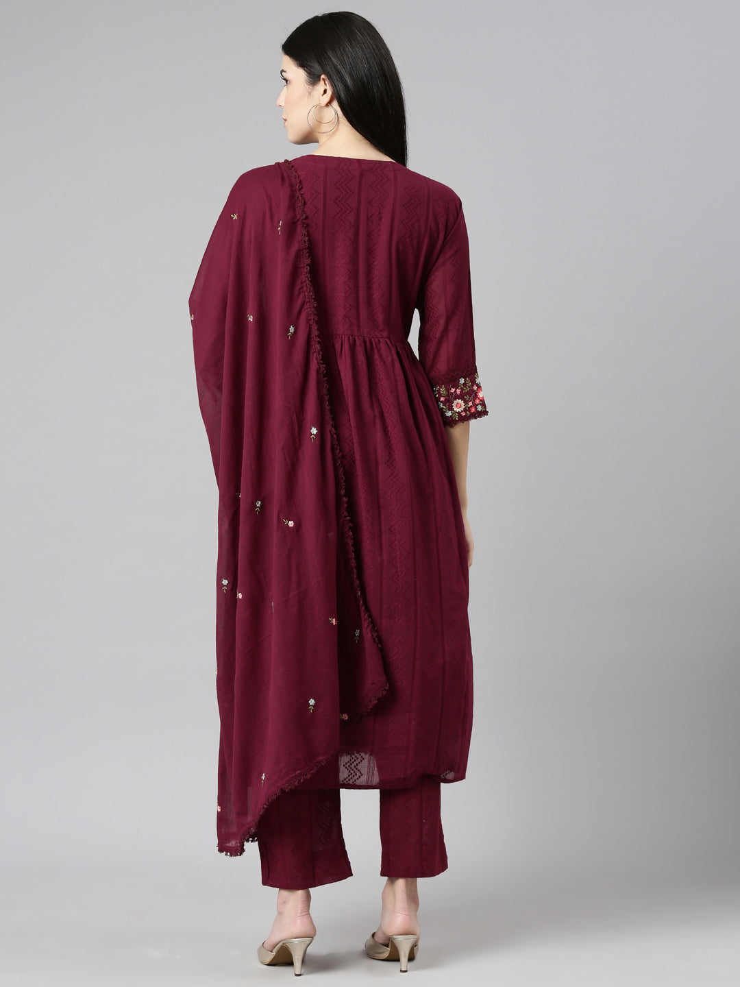 Neerus Purple Pleated Straight Printed Kurta And Trousers With Dupatta