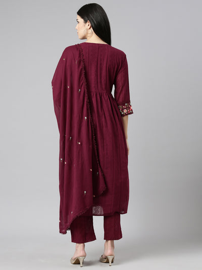 Neerus Purple Pleated Straight Printed Kurta And Trousers With Dupatta
