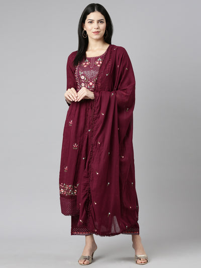 Neerus Purple Pleated Straight Printed Kurta And Trousers With Dupatta