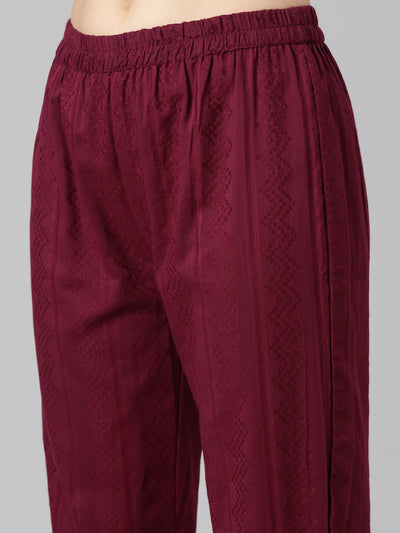 Neerus Purple Pleated Straight Printed Kurta And Trousers With Dupatta